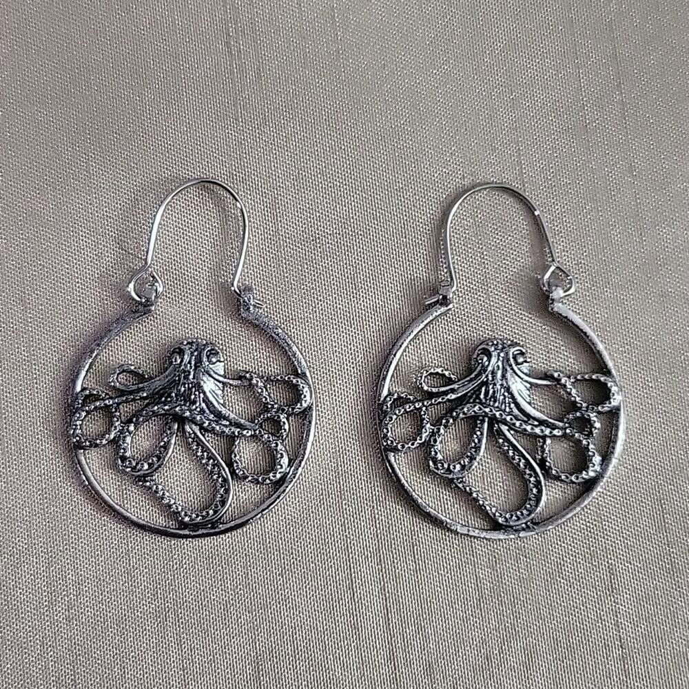 Octopus silver tone hoop earrings